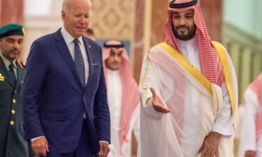 Saudi Crown Prince Mohammed bin Salman receives US President Joe Biden at Al Salman Palace upon his arrival in Jeddah