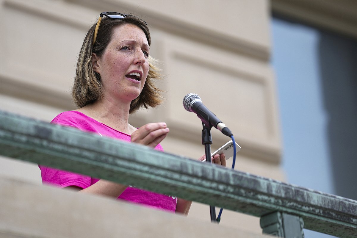 <i>Jenna Watson/AP/FILE</i><br/>Dr. Caitlin Bernard speaks during an abortion rights rally on June 25