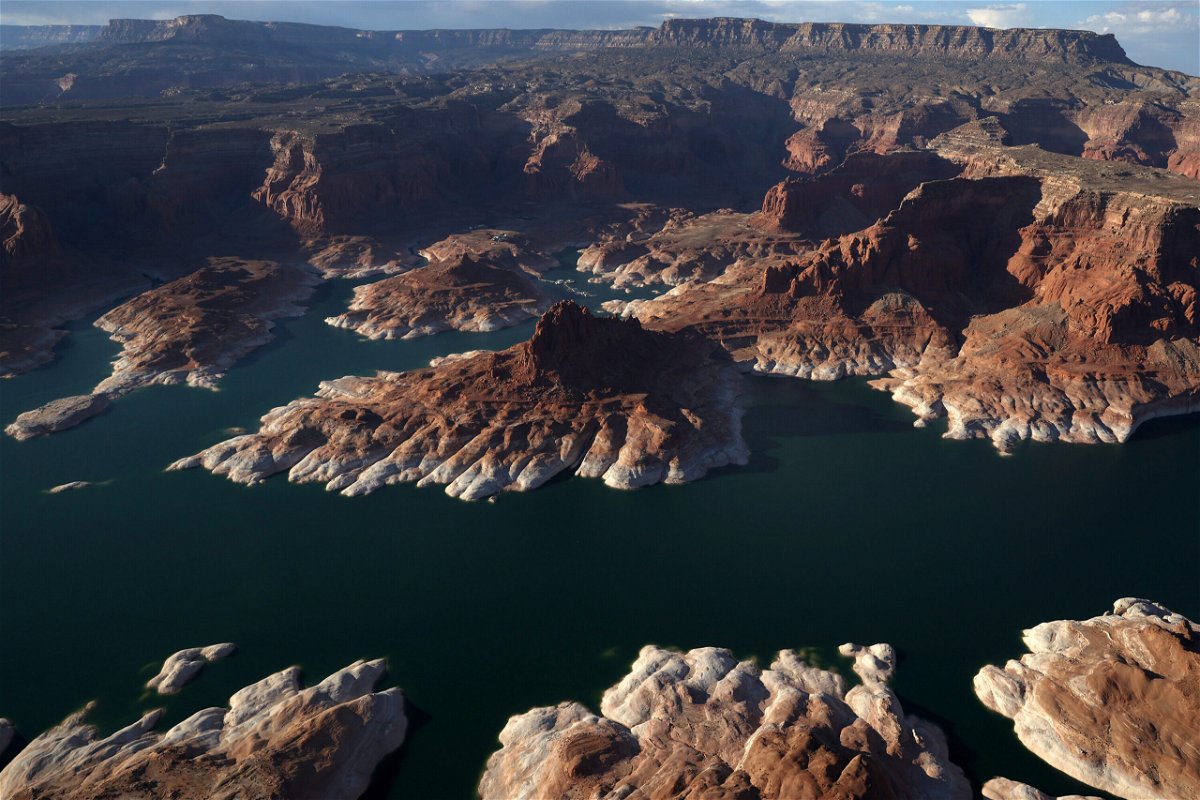 <i>Justin Sullivan/Getty Images</i><br/>Lake Powell is seen in an aerial view in June of 2021