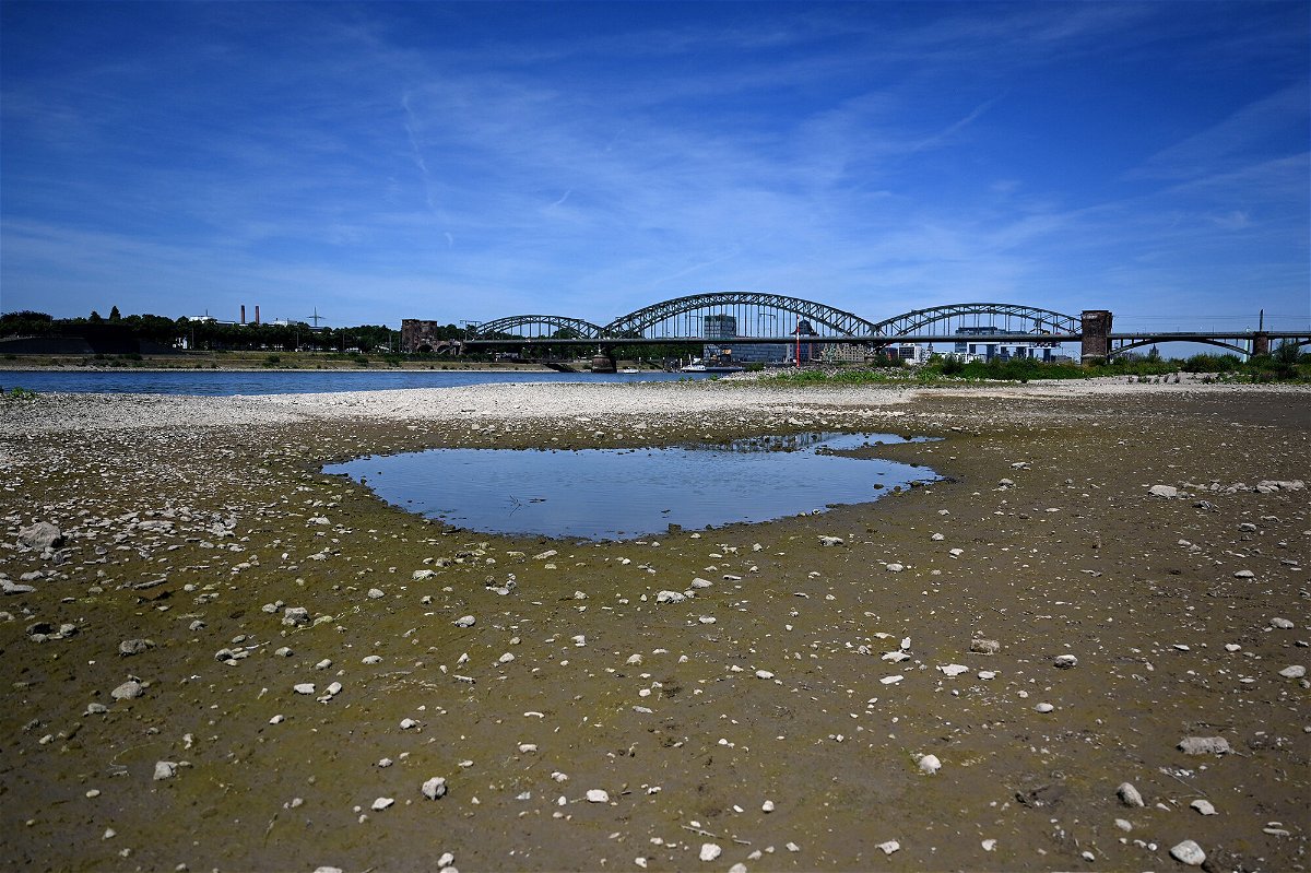 <i>Ina Fassbender/AFP/Getty Images</i><br/>A puddle of water in the nearly dried-up river bed of the Rhine in Cologne