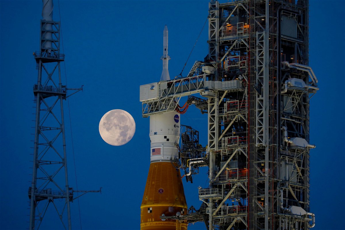 <i>Eva Marie Uzcategui/AFP/Getty Images</i><br/>NASAs Artemis I Moon rocket is seen here sitting at Launch Pad Complex 39B at Kennedy Space Center