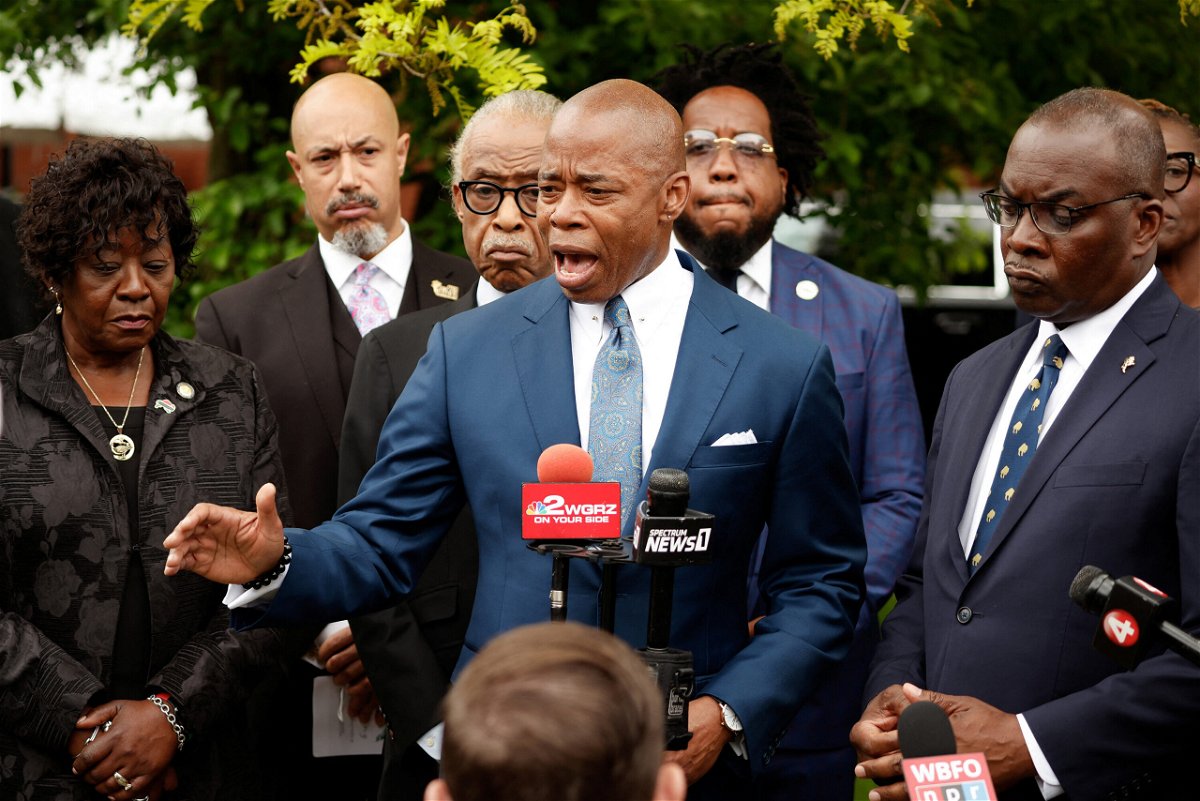 <i>Lindsay DeDario/Reuters</i><br/>New York City Mayor Eric Adams at a funeral in Buffalo on May 28. Adams and police officials on Wednesday released data showing that the number of people arrested three or more times a year for crimes increased in 2022.