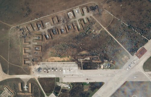 At least seven Russian warplanes were destroyed after explosions at a Russian area base in Crimea on August 9. A satellite image from August 10 shows the charred remains of the seven aircraft in the earthen berms.