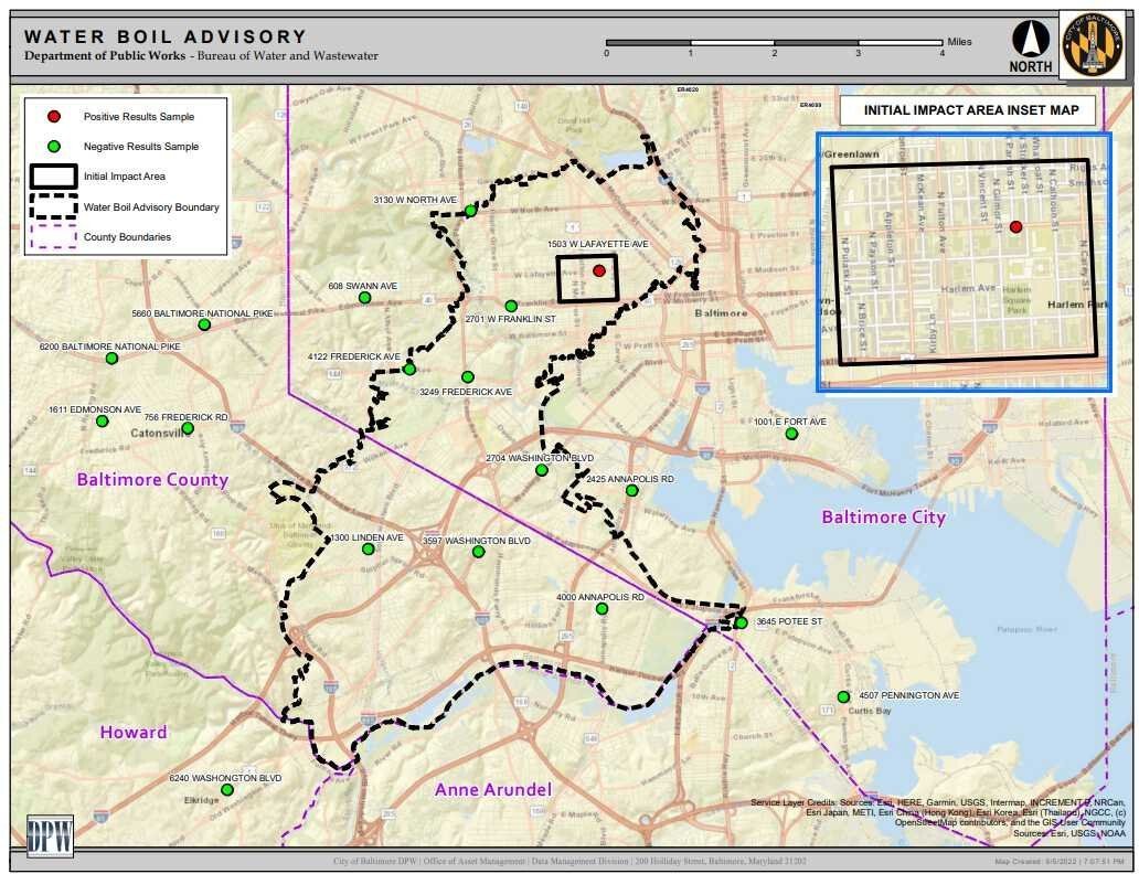 <i>Baltimore DPW/WBAL</i><br/>This map from the Baltimore City Department of Public Works shows the impacted area in a rectangle