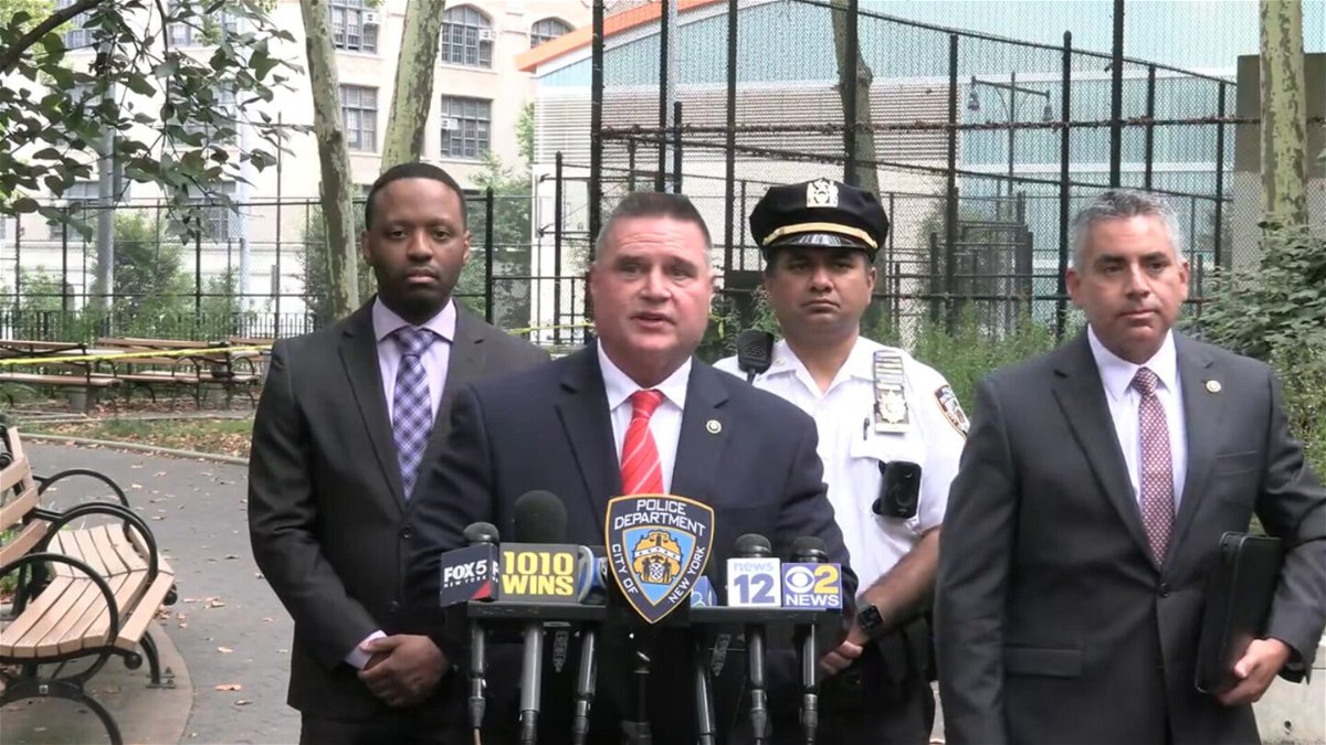 <i>NYPD News</i><br/>New York City Police Chief of Detectives James Essig (center) speaks during a news conference on September 7.