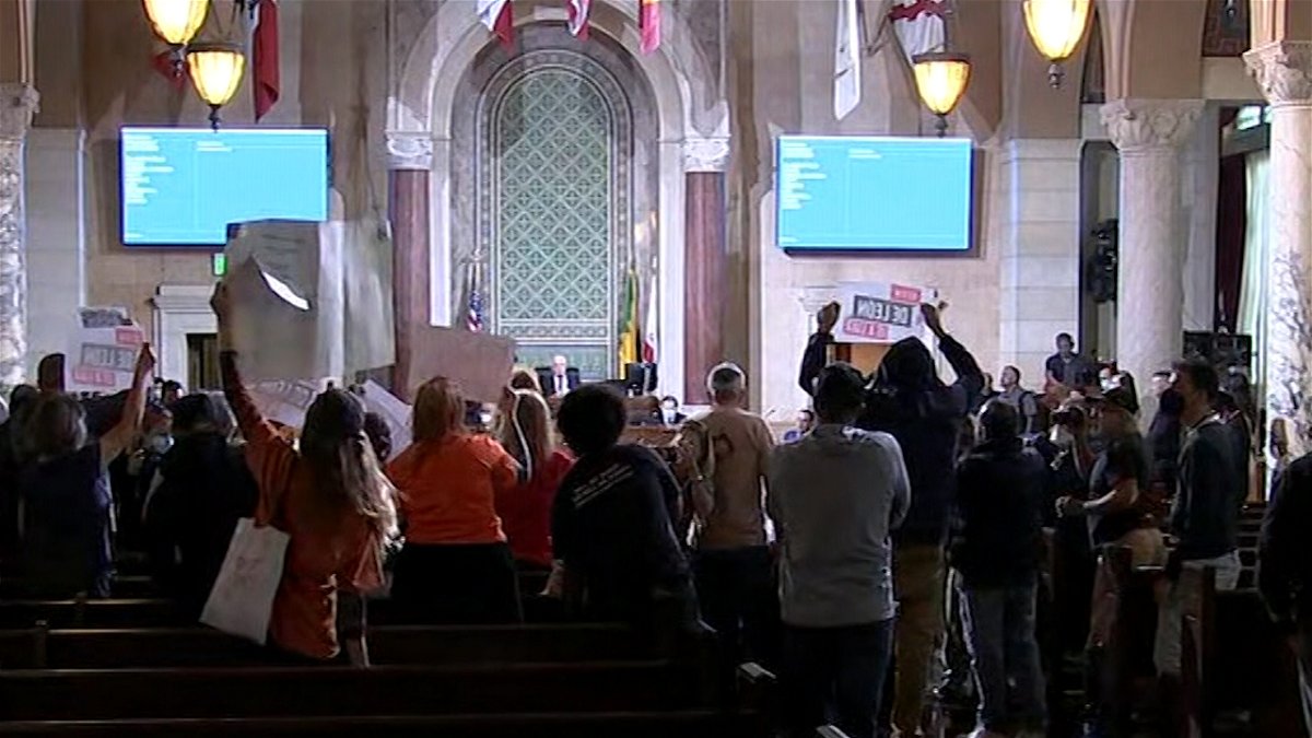 Protesters at the LA City Council meeting on Monday, Oct. 25