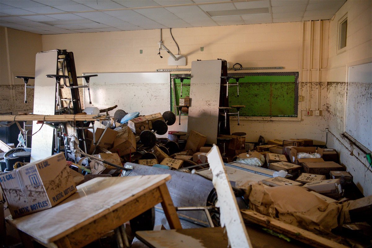 <i>Josie Norris/The Tennessean/USA Today</i><br/>A photo of Waverly Elementary shows how far the water rose inside the school during flooding in August 2021.
