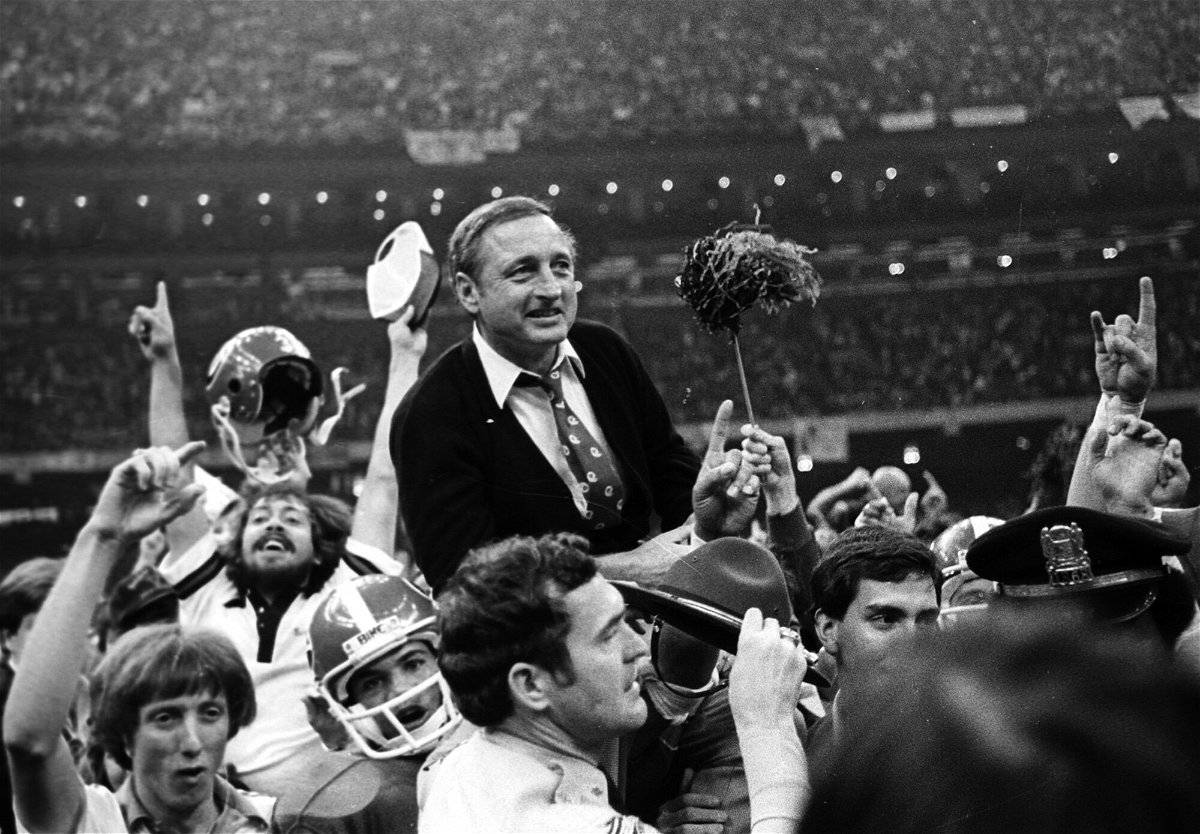 <i>Gene Blythe/AP</i><br/>Vince Dooley is carried off the field after Georgia defeated Notre Dame 17-10 in January 1981