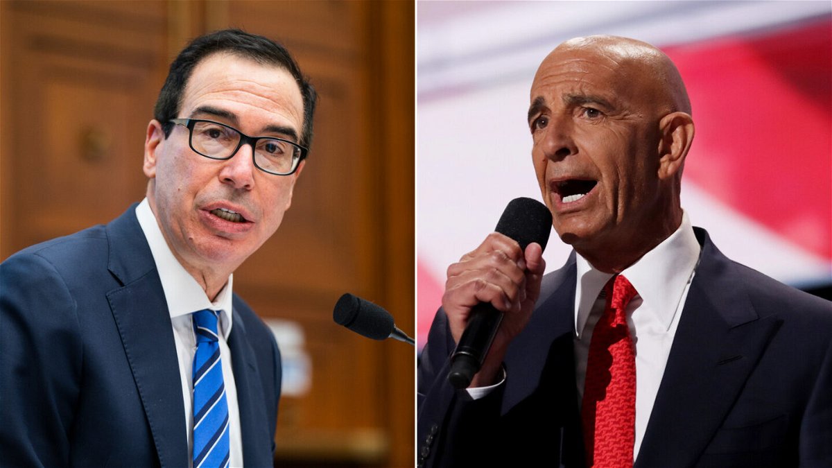 <i>Getty Images</i><br/>Former Treasury Secretary Steve Mnuchin (left) testified on October 20 during the foreign lobbying trial of Tom Barrack.
