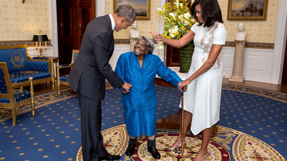 <i>Lawrence Jackson/The White House</i><br/>President Barack Obama and First Lady Michelle Obama greet 106-Year-Old Virginia McLaurin in the Blue Room of the White House prior to a reception celebrating African American History Month