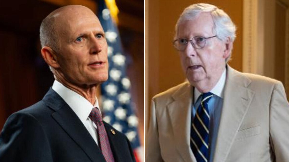 <i>Bloomberg via Getty Images | Associated Press</i><br/>Sen. Rick Scott of Florida (left) told his fellow GOP senators he will challenge Senate Minority Leader Mitch McConnell to be leader of the party in the chamber next year.