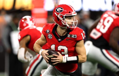 Stetson Bennett is pictured during the College Football Playoff National Championship game earlier this month. The former UGA quarerback was arrested early Sunday in Dallas for public intoxication