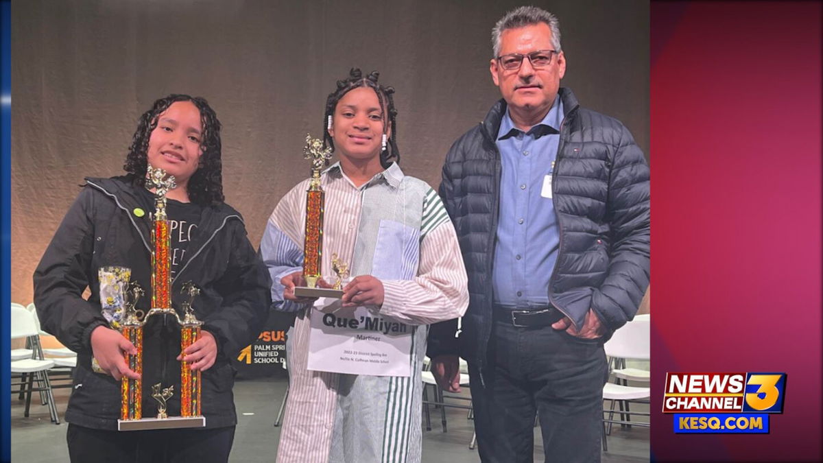 PSUSD Bee of Champions winner Sandra Villa, (Left), runner-up Que'Miyah Martinez (Center), and Bard of Education Clerk Sergio Espericueta