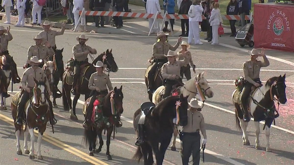 Riverside County Sheriff's Dept led by a riderless horse at the 2023 Rose Bowl