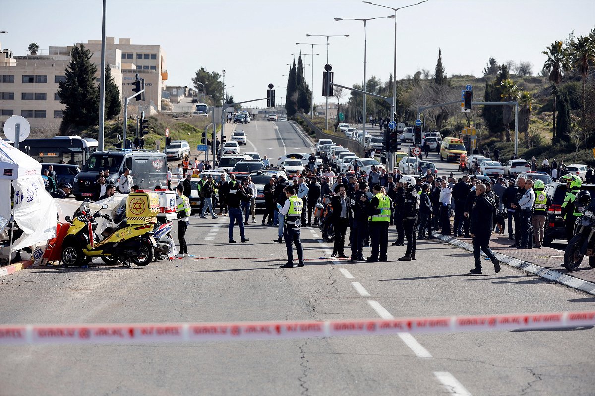 <i>Ammar Awad/Reuters</i><br/>The scene where a suspected ramming attack took place in Jerusalem on Friday.
