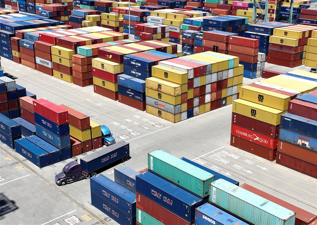 <i>Justin Sullivan/Getty Images</i><br/>Trade between the United States and China hit a record high in 2022. Shipping containers sit on the dock at the Port of Oakland on May 20