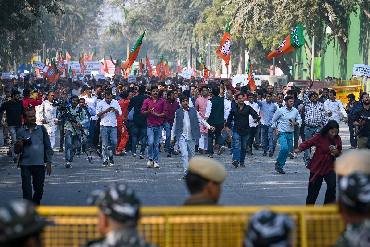 <i>Sanchit Khanna/Hindustan Times/Getty Images</i><br/>Bharatiya Janata Party supporters protest against Congress leader Pawan Khera for allegedly insulting Prime Minister Narendra Modi in New Delhi