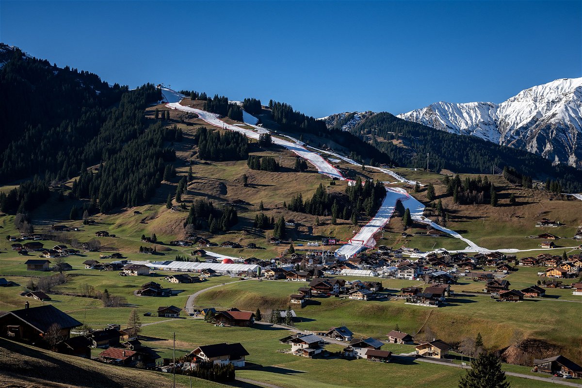 <i>Fabrice Coffrini/AFP/Getty Images</i><br/>A snowless slope in the Swiss alpine resort of Adelboden. Due to the lack of snow