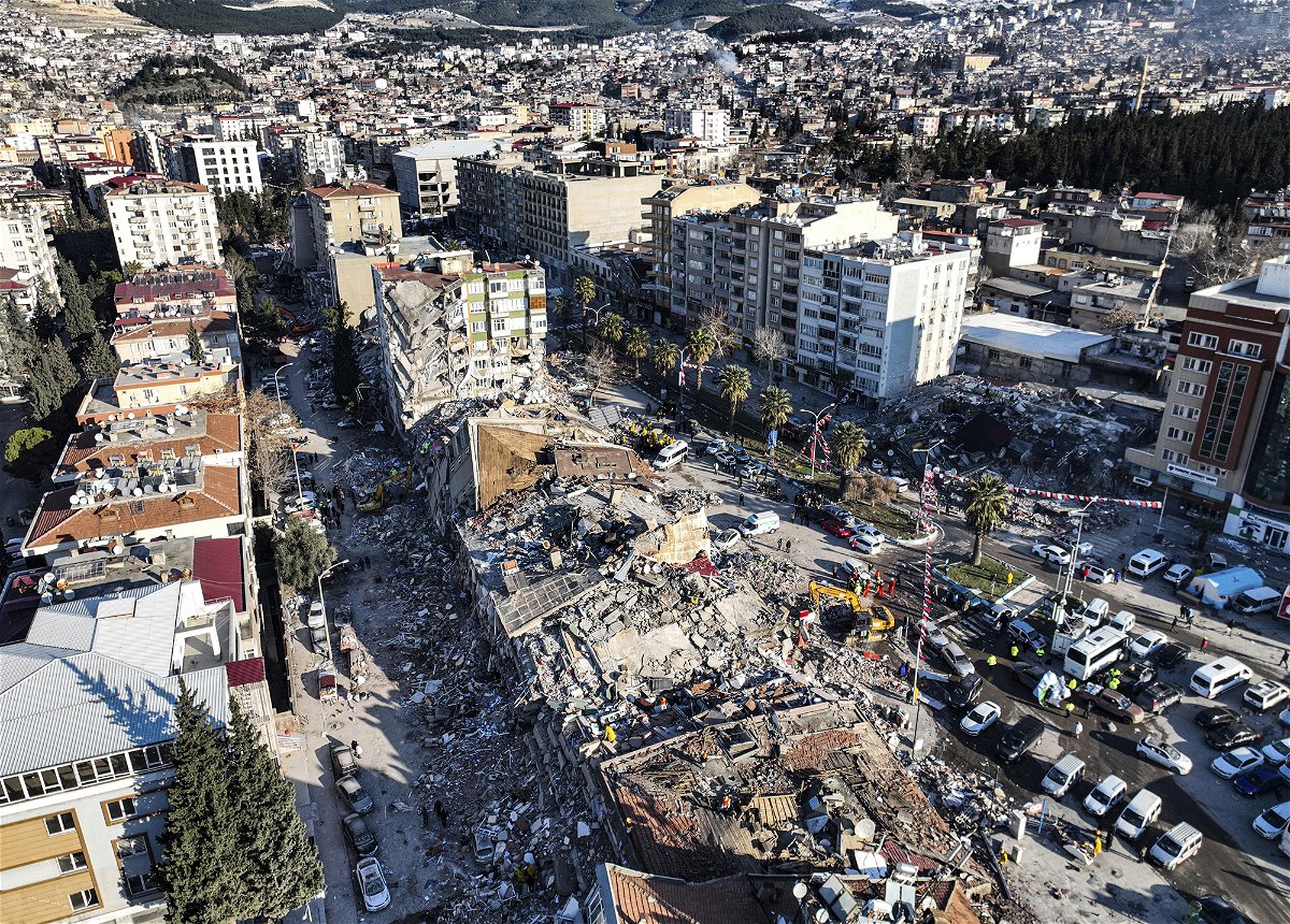 <i>Ahmet Akpolat/DIA/AP</i><br/>Access to Twitter has been restricted in Turkey. Aerial photo shows the destruction in Kahramanmaras