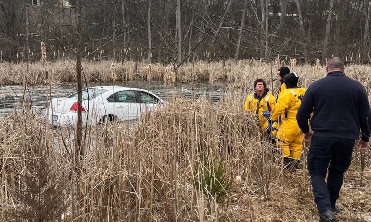 <i>Grand Blanc Township Police/WNEM</i><br/>The Grand Blanc Township Police Department rescued a woman after she crashed into a pond on March 2.