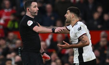 Fulham striker Aleksandar Mitrovic argues with referee Chris Kavanagh before getting sent off.