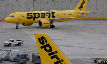 A Spirit Airlines plane is seen on the tarmac at the Fort Lauderdale-Hollywood International Airport in Florida.