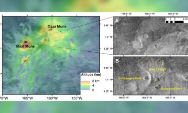 Altitude data (left) and images taken by Magellan of the volcanic vent (right) depict volcanic activity on Venus.