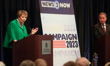 Wisconsin state Supreme Court candidate Janet Protasiewicz and opponent former state Supreme Court Justice Dan Kelly debate on March 21 at the State Bar Center in Madison