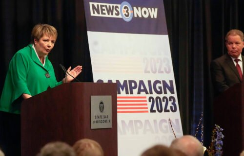 Wisconsin state Supreme Court candidate Janet Protasiewicz and opponent former state Supreme Court Justice Dan Kelly debate on March 21 at the State Bar Center in Madison