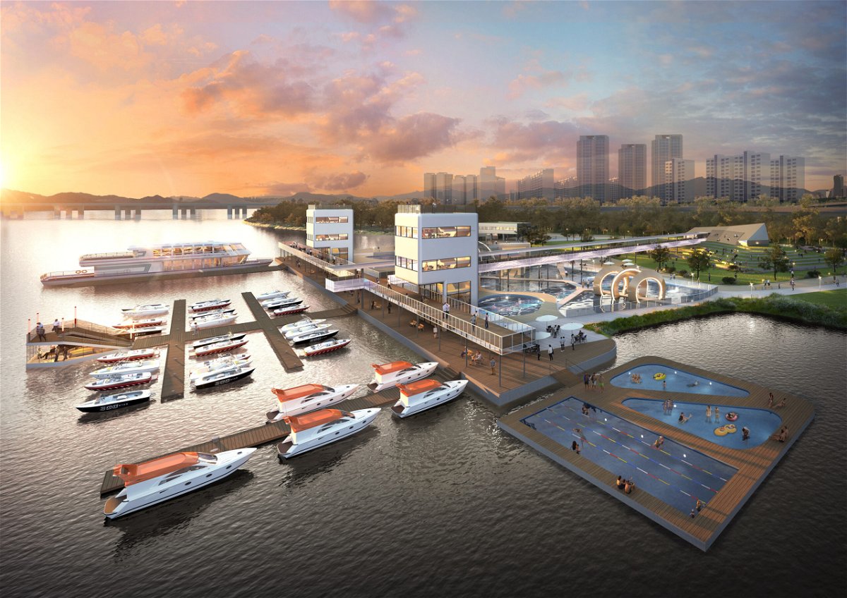 <i>Seoul City Government</i><br/>A rendering provided by the Seoul City Government shows the concept for a floating swimming pool on the Han River.