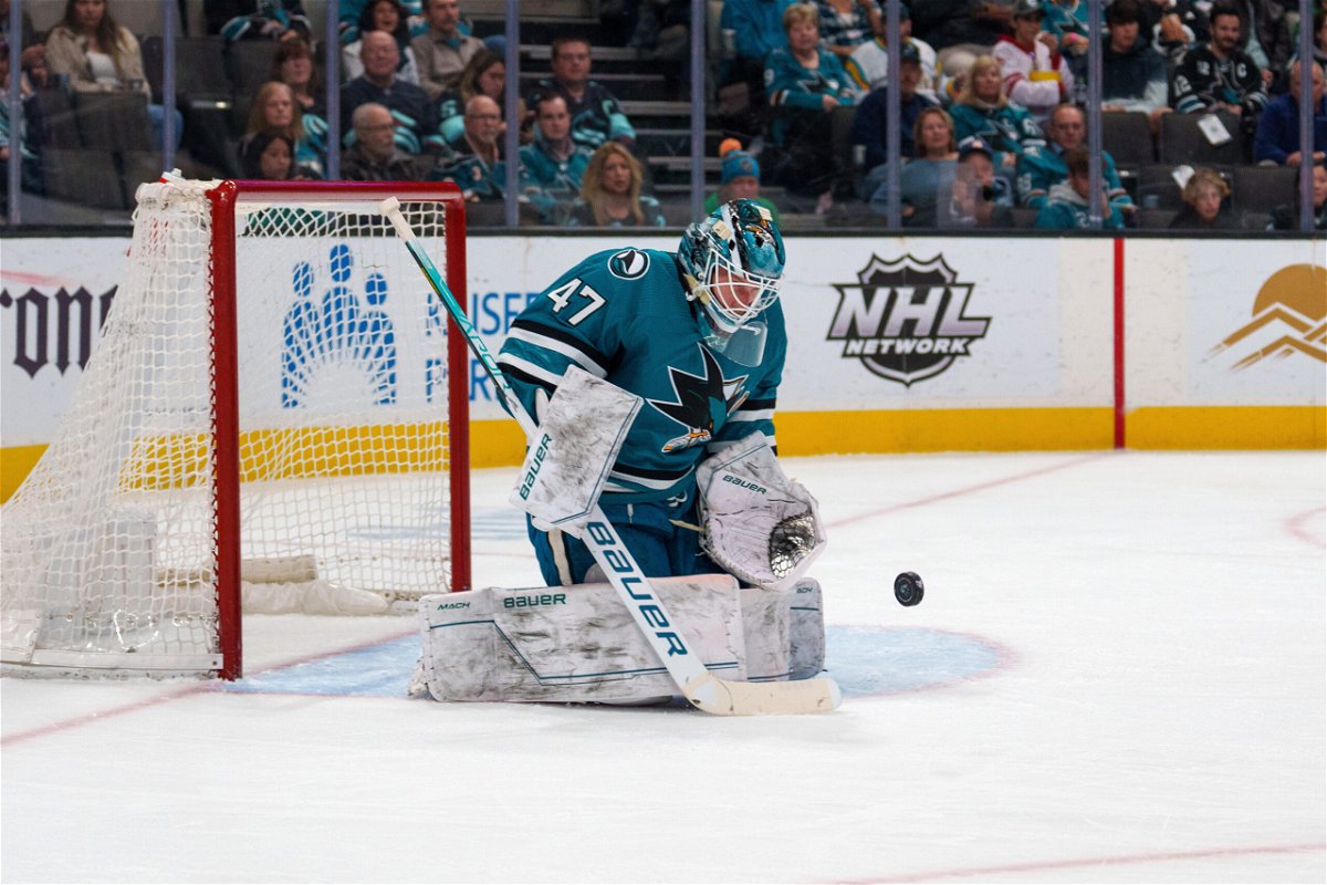 <i>Neville E. Guard/USA Today Sports/Reuters</i><br/>Reimer (47) makes a save against the Seattle Kraken during the first period at SAP Center at San Jose on March 16.
