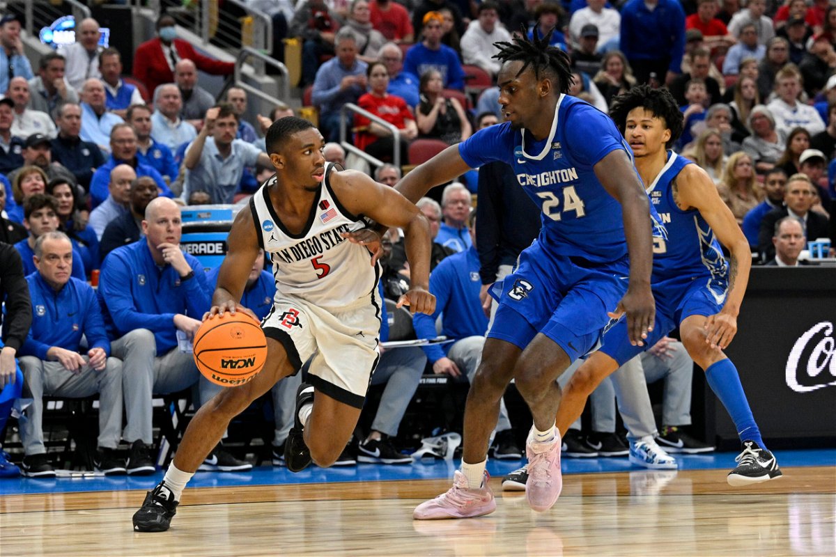 <i>Jamie Rhodes/USA Today/Reuters</i><br/>San Diego State Aztecs guard Lamont Butler #5 drives to the basket during the second half against Creighton Bluejays forward Arthur Kaluma #24 at KFC YUM! Center.