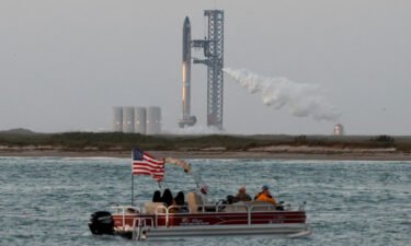 SpaceX's Starship is seen from the company's Boca Chica launchpad  near Brownsville