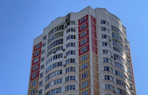 A damaged multi-story apartment is pictured here following a reported drone attack in Moscow on May 30.