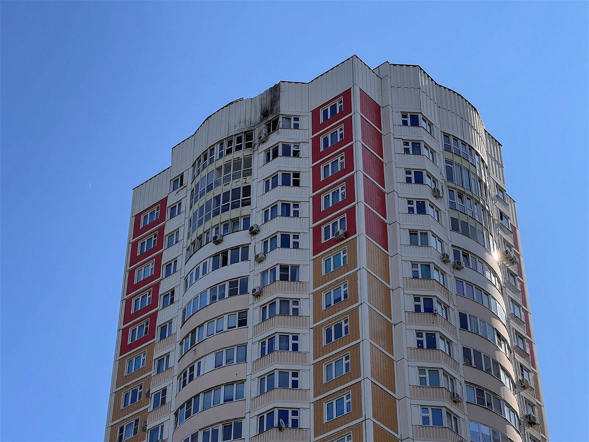 <i>Lev Sergeev/Reuters</i><br/>A damaged multi-story apartment is pictured here following a reported drone attack in Moscow on May 30.