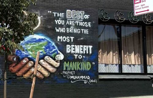 A mural on the wall of the Muslim Community Center in Brooklyn.