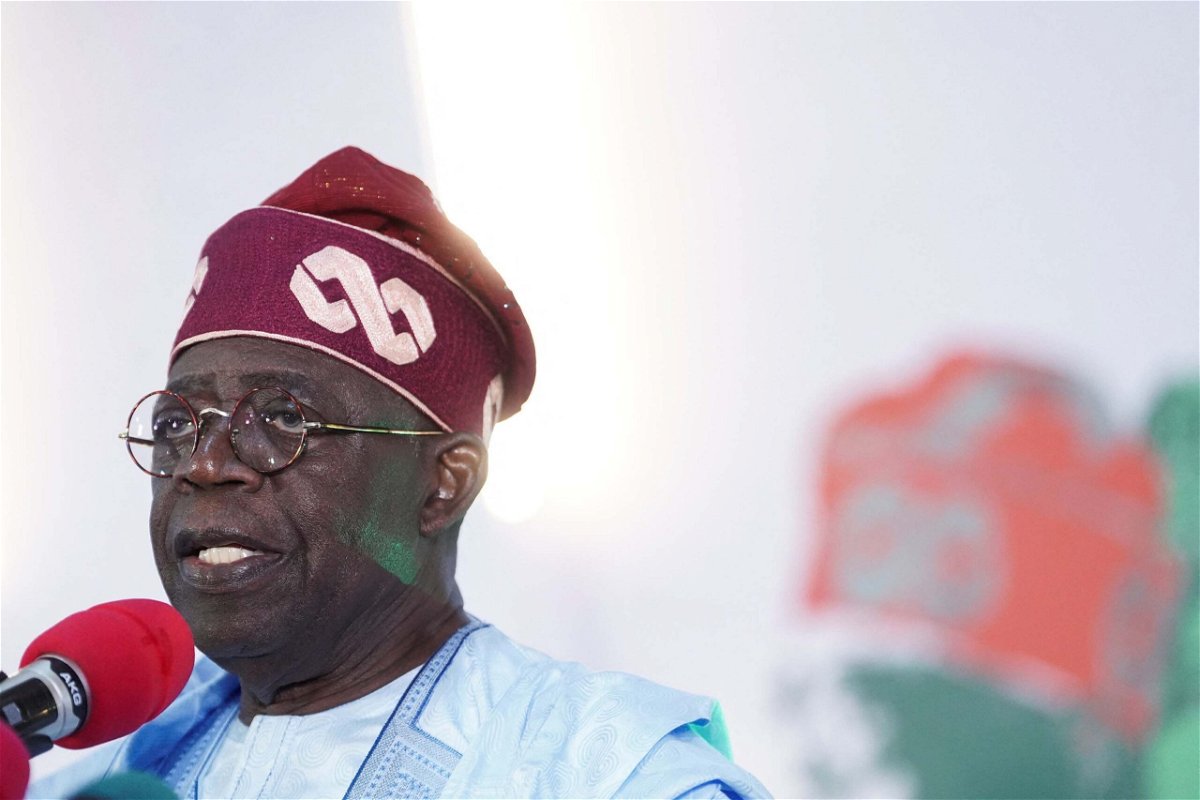 <i>Marvellous Durowaiye/Reuters</i><br/>Bola Ahmed Tinubu thanks his supporters after he was declared winner in Nigeria's presidential election