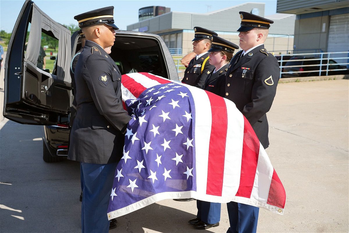 <i>Bill Greenblatt/UPI/Shutterstock</i><br/>A military honor guard carries a casket containing the remains of World War II airman James M. Howie