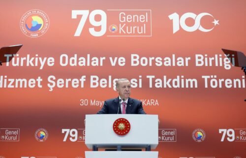Turkish President Recep Tayyip Erdogan gives a speech during the 79th General Assembly of the Union of Chambers and Commodity Exchanges of Turkey in Ankara on May 30.