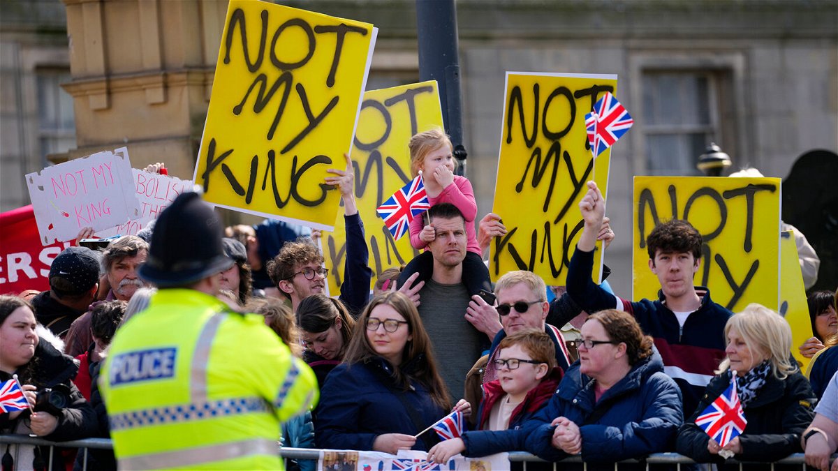 <i>Jon Super/WPA/Pool/Getty Images</i><br/>Anti-monarchy protesters wait for the arrival of King Charles III and Queen Camilla in Liverpool last month.