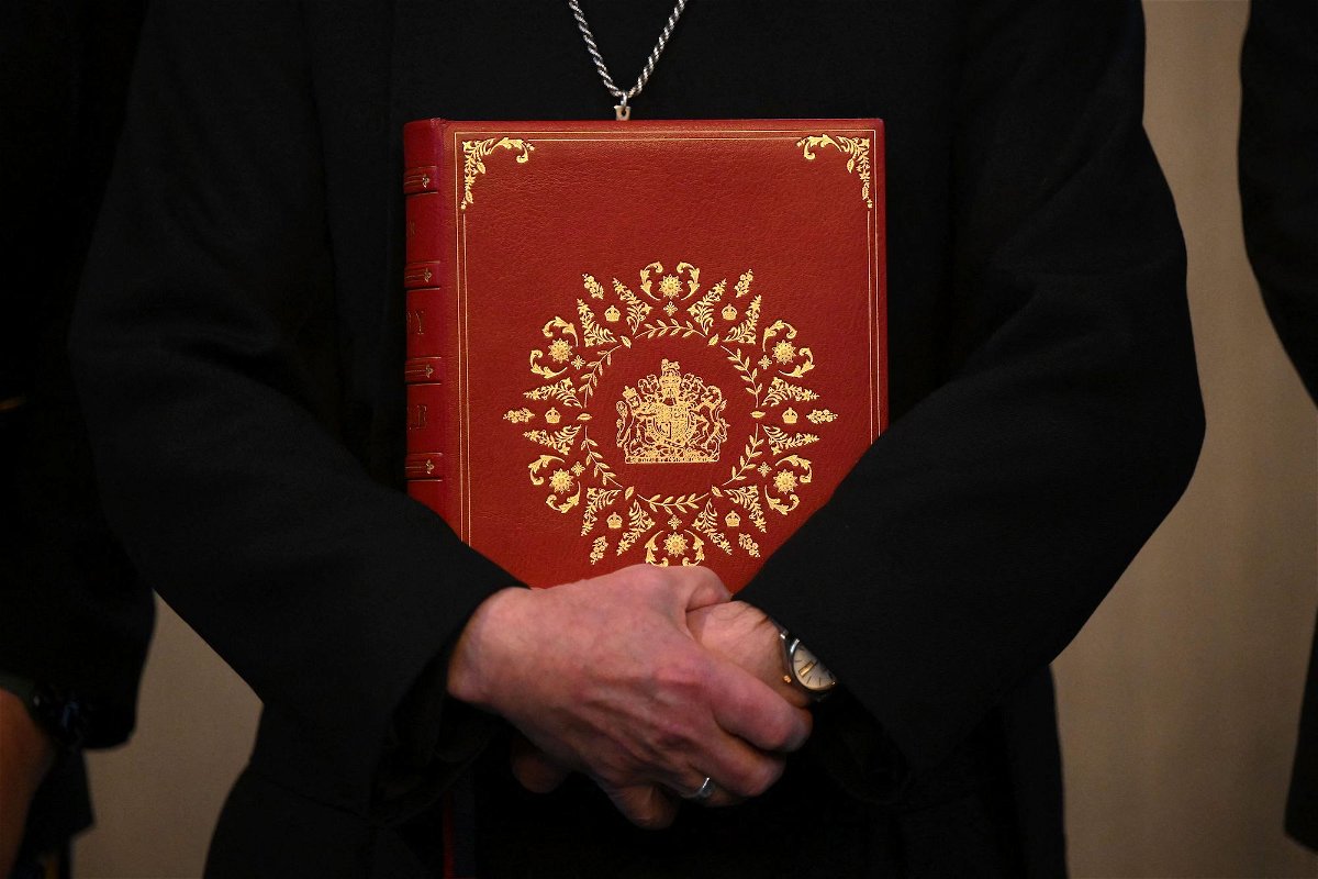 <i>Daniel Leal/AFP/Getty Images</i><br/>The Archbishop of Canterbury Justin Welby poses with the Coronation Bible