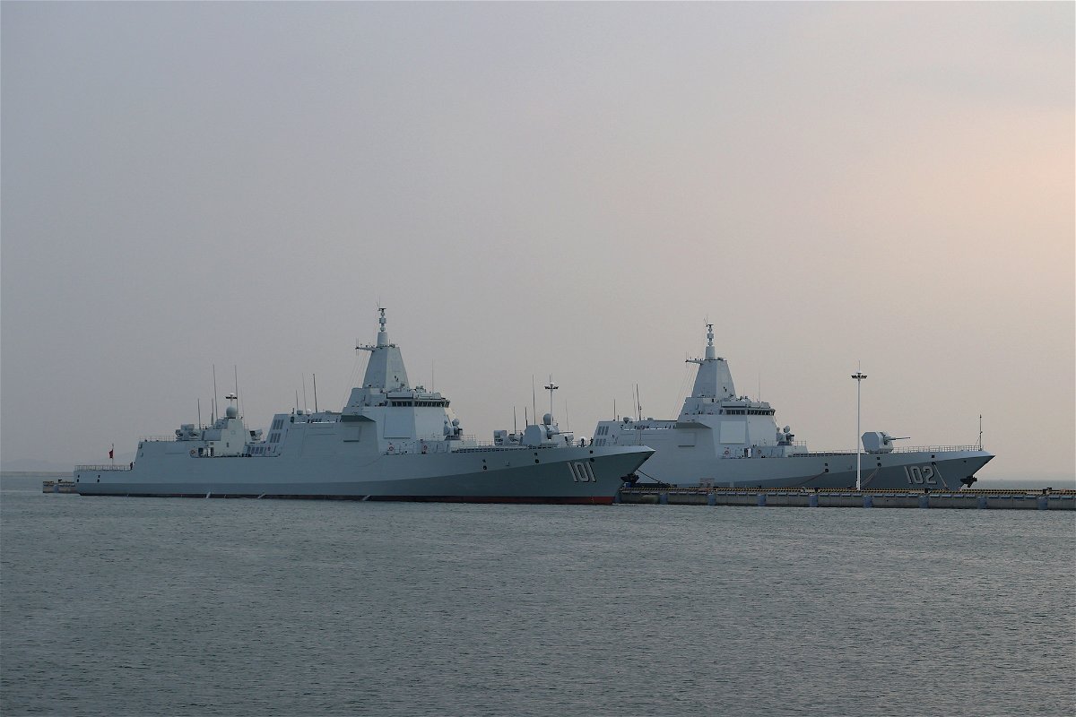 <i>Fu Tian/China News Service/VCG/Getty Images</i><br/>Type 055 guided-missile destroyers Nanchang (101) and Lhasa (102) at China's Qingdao port on  April 20.