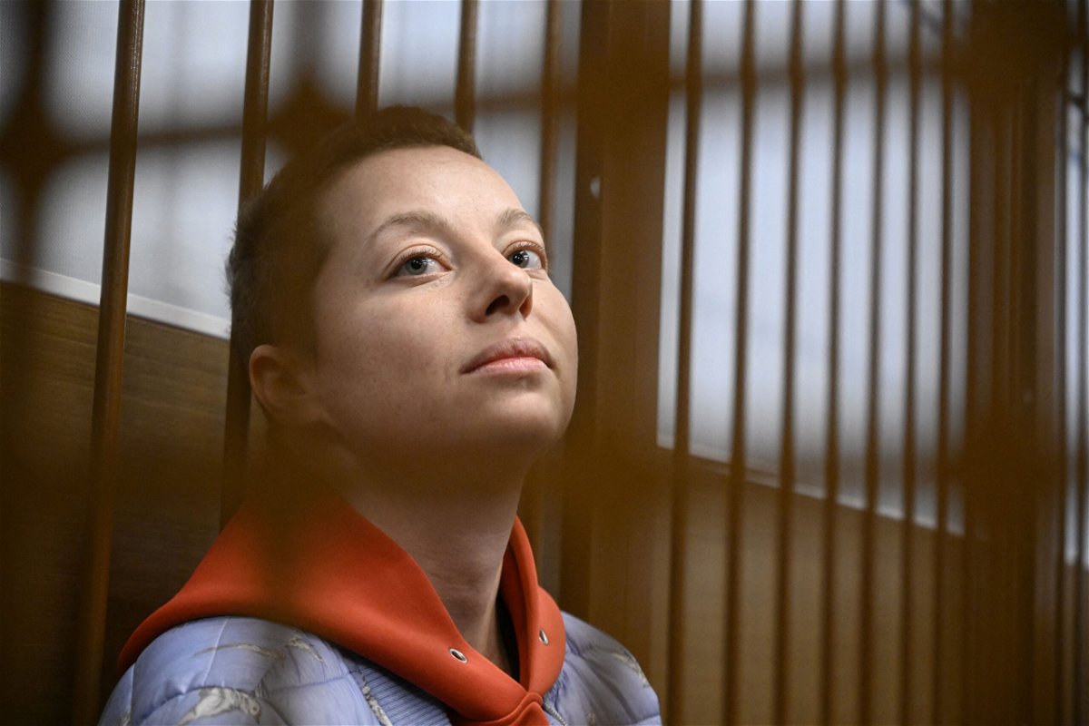 <i>Alexander Nemenov/AFP/Getty Images</i><br/>Yevgenia Berkovich sits inside a defendants' cage during her remand hearing in Moscow.
