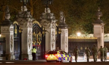 Security forces guard the gates of Buckingham Palace after police arrested a man outside Buckingham Palace for throwing what they believe were shotgun cartridges on May 2.