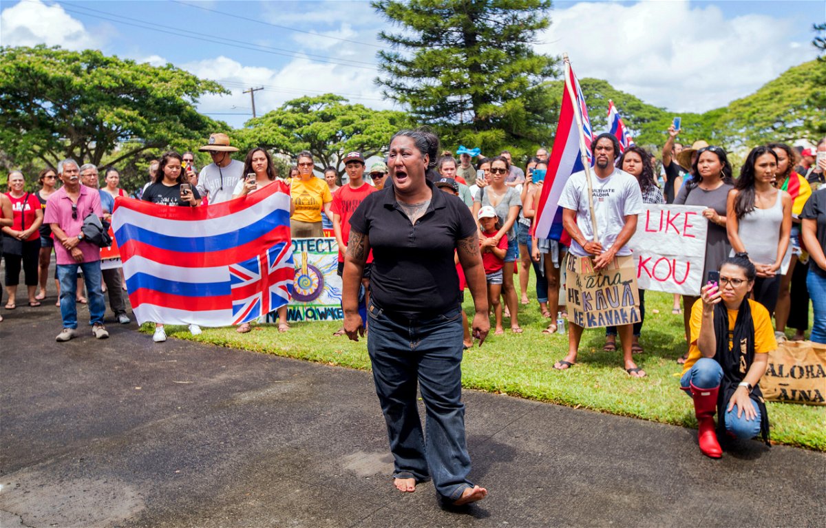 <i>Dennis Oda/Honolulu Star-Advertiser/AP</i><br/>Kumu Hinaleimoana Wong-Kalu is seen at a demonstration protesting the construction of the Thirty Meter Telescope on Mauna Kea in Hawai'i on July 19