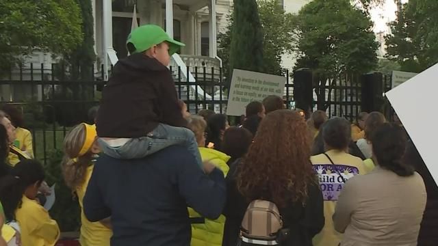 <i>KOVR</i><br/>Childcare providers held a candlelight vigil at the California governor's mansion to rally for better pay Thursday night — the second time this month the Child Care Providers United union has gathered in protest.