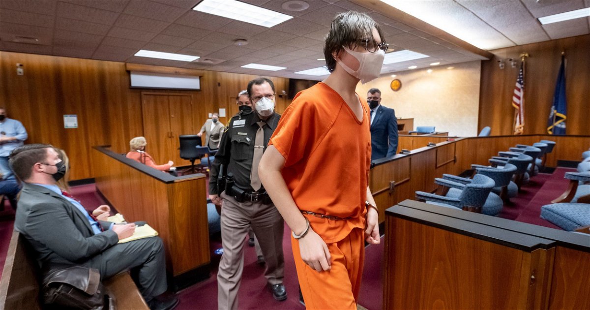 <i>David Guralnick/Pool/Getty Images</i><br/>Ethan Crumbley is led away from the courtroom after a placement hearing at Oakland County Circuit Court on February 22