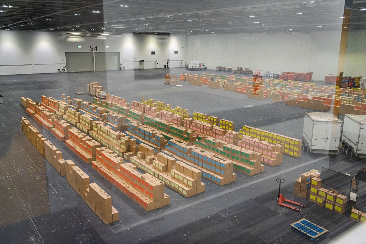 <i>London Food and Drink Photography/Decanter World Wine Awards 2023/Nic Crilly-Hargrave</i><br/>Color-coded wines are pictured here stacked up in the ExCeL exhibition center in London.
