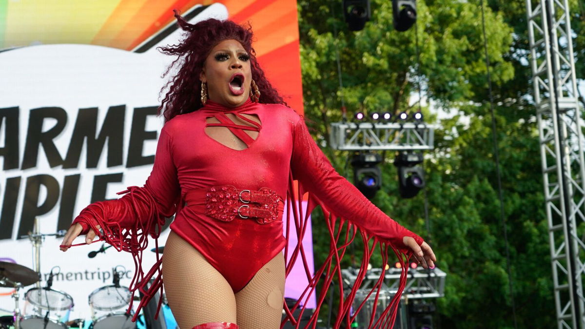 <i>Mickey Bernal/Getty Images</i><br/>Carmen Triple C commands the stage at Nashville Pride in 2022. The Tennessee law restricting drag performances was ruled unconstitutional earlier this month