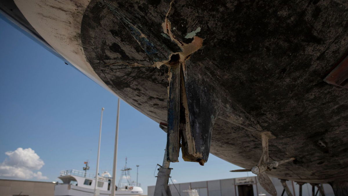 <i>Jorge Guerrero/AFP via Getty Images</i><br/>The rudder of a ship damaged by orcas while in the Strait of Gibraltar is shown in Barbate in southern Spain